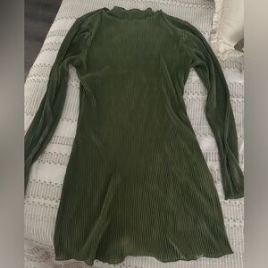 Green silk blend  Ribbed Long Sleeve Dress